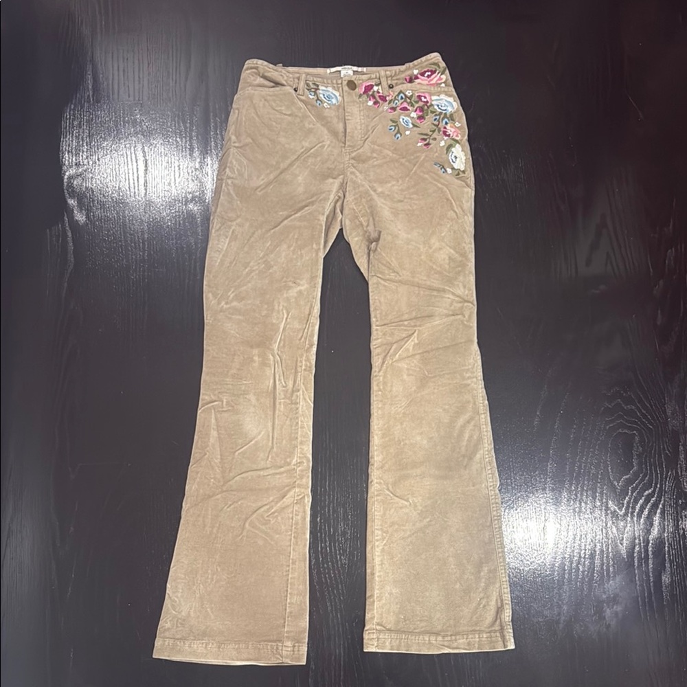 Urban Outfitters Tan Corduroy/Suede Pants with Floral Embroidery (Like New)
